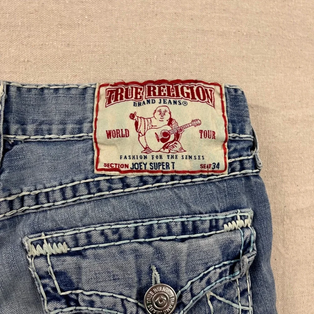True Religion Joey‎ Super T Jeans Mens 36 Blue Distressed Flare Twisted Seam Low